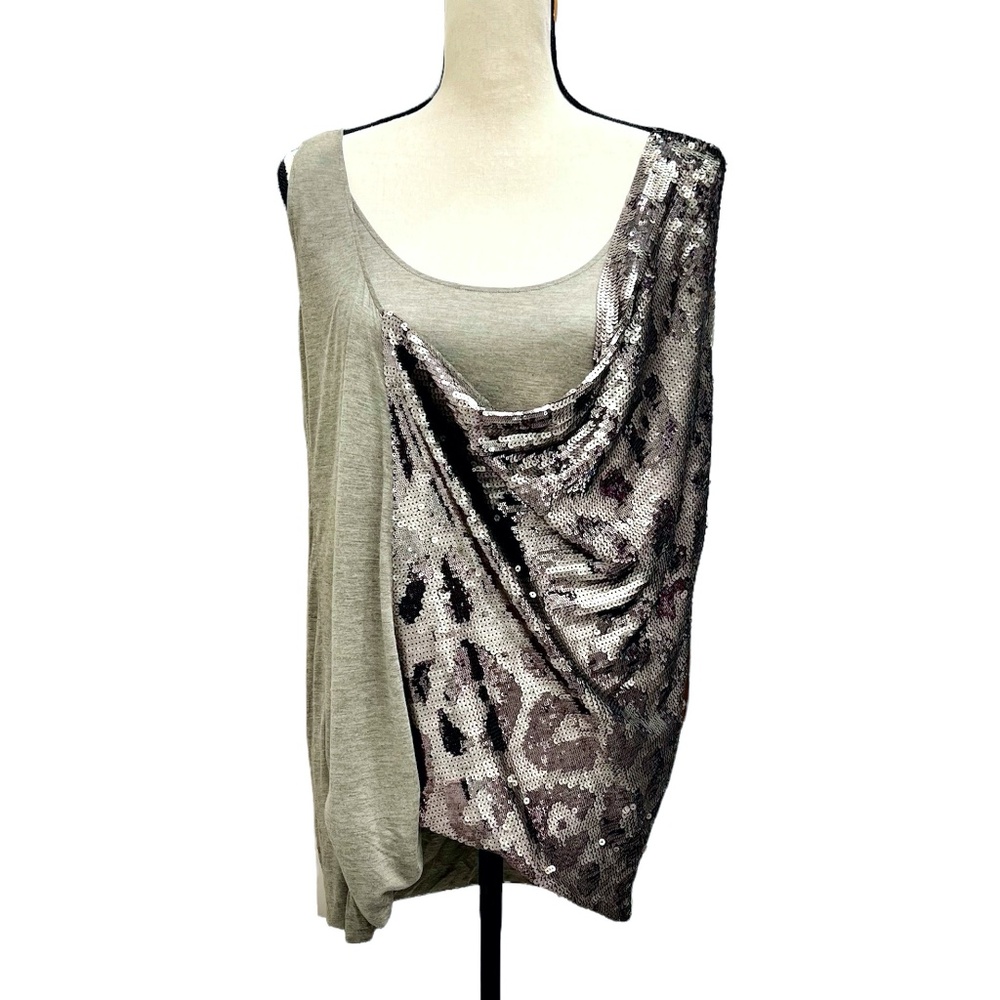 ROBERTO CAVALLI LAYERED DRAPED HEATHERED GRAY TUNIC W ANIMAL PRINT SEQUINS DRAPE